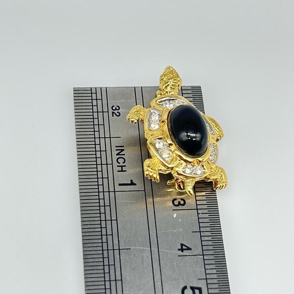 Vintage D’Orlan Gold Tone Rhinestone Turtle Brooch Pin Glass Cabochon - Picture 7 of 8